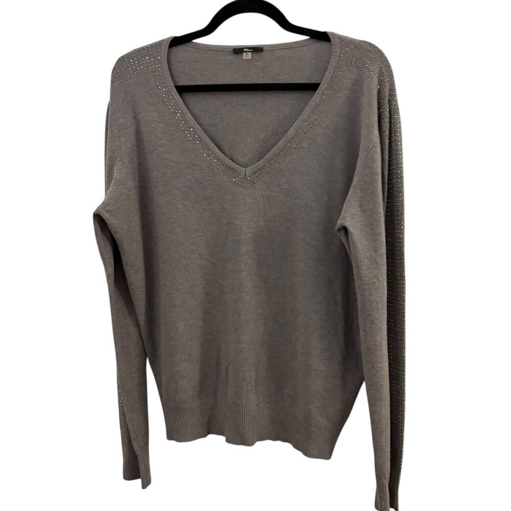 Milano Gray V-Neck Sweater Size XL Viscose Blend Sparkle Accents Neck & Sleeves